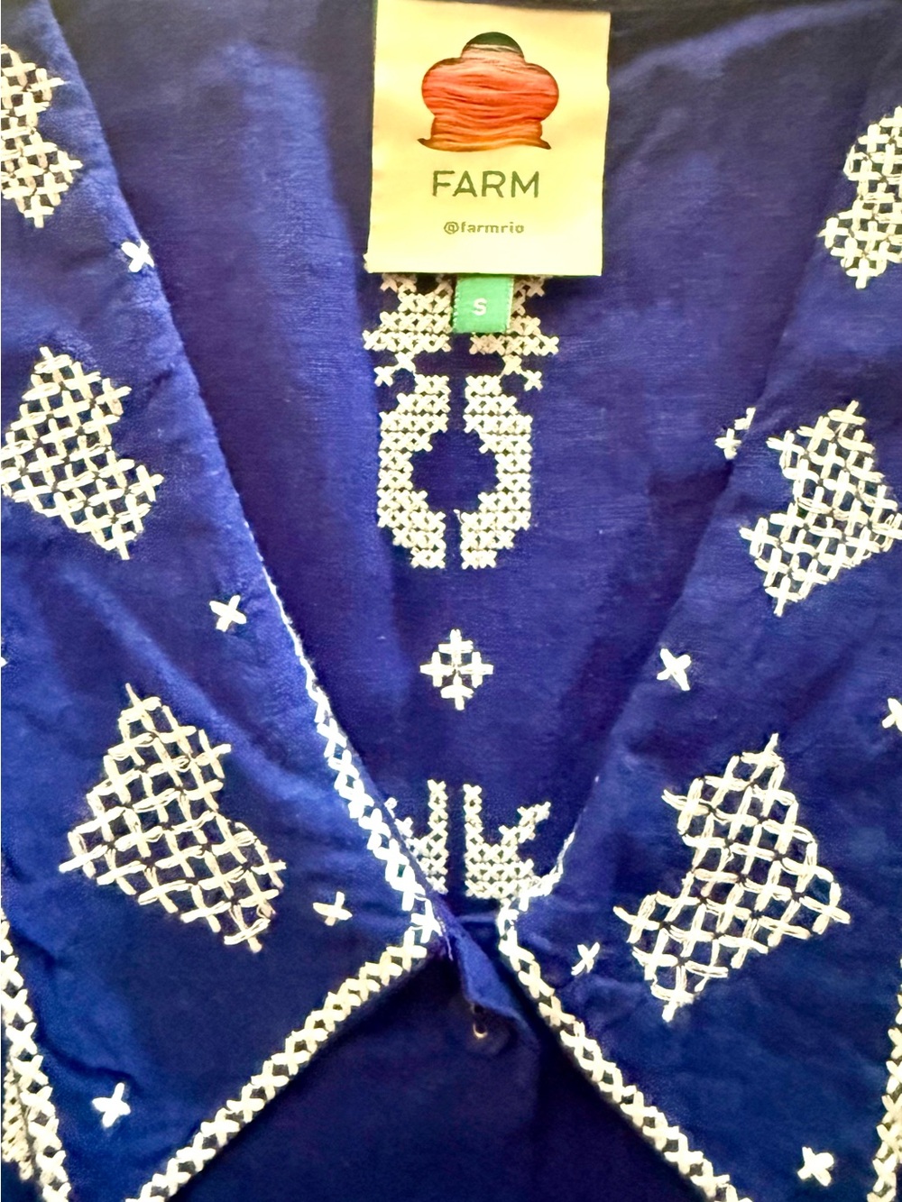Farm Rio- Blue Embroidered Short-Sleeve Button-Up Shirt - Picture 2 of 16